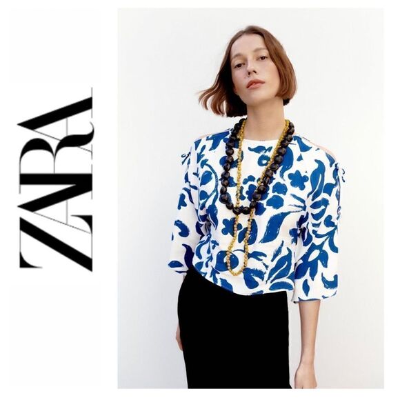 NWT Zara Linen Blend Printed Top with Bows in Ecru & Blue, Size XS - Picture 1 of 16
